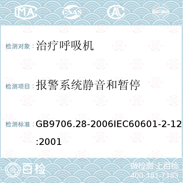 报警系统静音和暂停 医用电气设备 第2部分:呼吸机安全专用要求治疗呼吸机