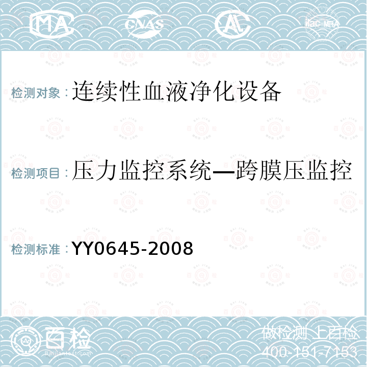 压力监控系统—跨膜压监控 YY 0645-2008 连续性血液净化设备