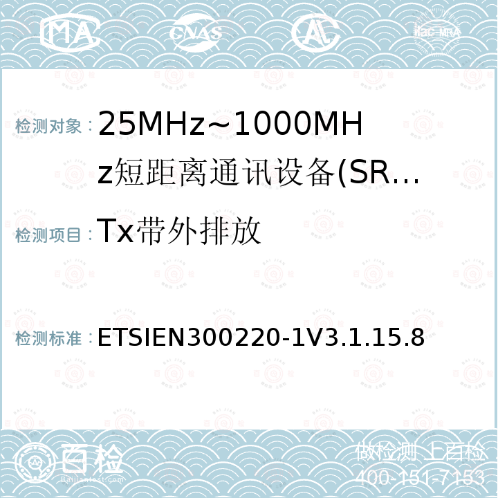 Tx带外排放 ETSIEN300220-1V3.1.15.8 短程设备（SRD），工作频率范围为25 MHz至1 000 MHz; 第1部分：技术特性和测量方法