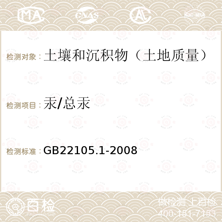 汞/总汞 土壤质量 总汞、总砷、总铅的测定 原子荧光法 第 1 部分 土壤中总汞的测定