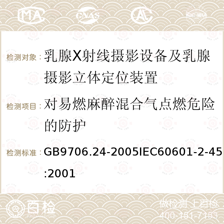 对易燃麻醉混合气点燃危险的防护 医用电气设备 第2-45部分:乳腺X射线摄影设备及乳腺摄影立体定位装置安全专用要求