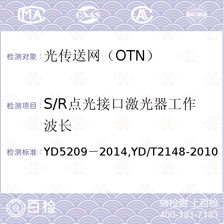 S/R点光接口激光器工作波长 YD 5209-2014 光传送网(OTN)工程验收暂行规定(附条文说明)