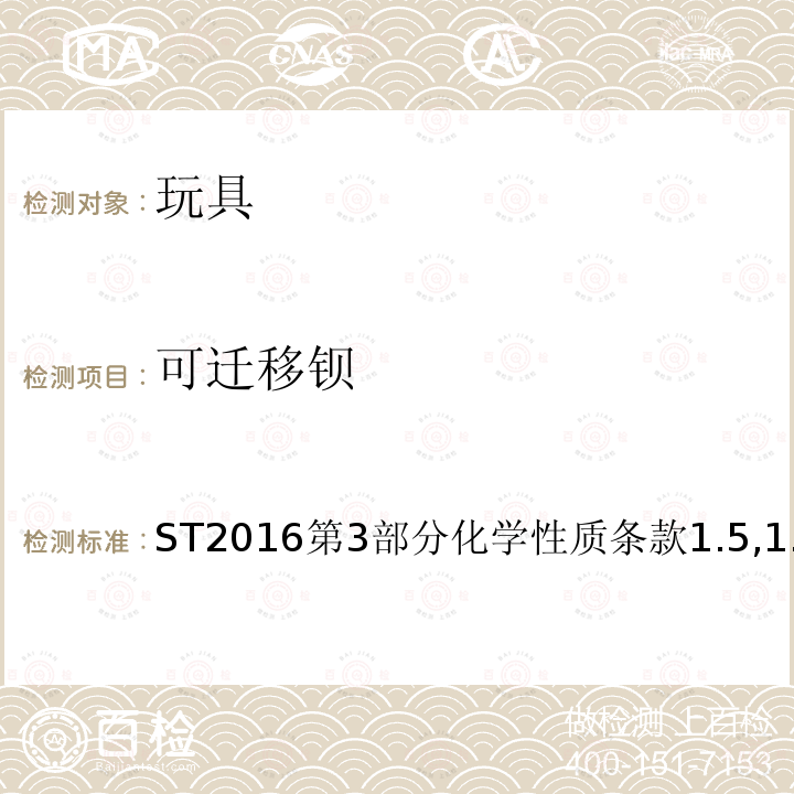 可迁移钡 ST2016第3部分化学性质条款1.5,1.8,2.7 玩具安全标准