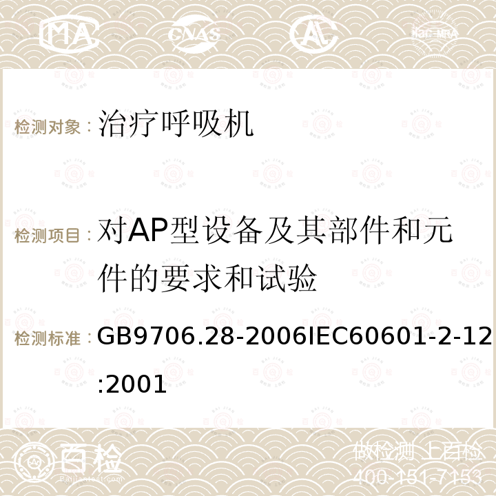 对AP型设备及其部件和元件的要求和试验 医用电气设备 第2部分:呼吸机安全专用要求治疗呼吸机