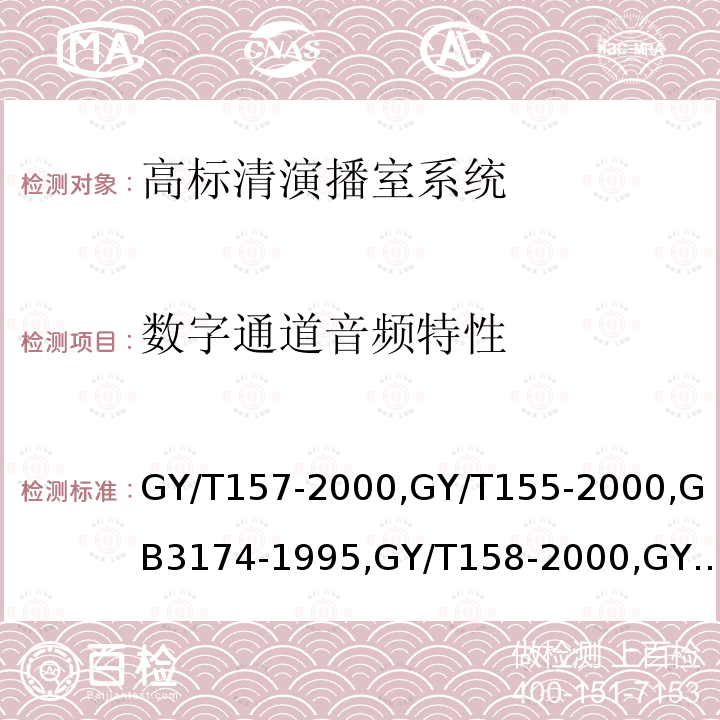 数字通道音频特性 演播室高清晰度电视数字视频信号接口 
高清晰度电视节目制作及交换用视频参数值 
PAL-D制电视广播技术规范 
演播室数字音频信号接口 
数字音频设备音频特性测量方法 
电视中心制作系统运行维护规程 
电视广播声音和图像的相对定时 
标准清晰度电视数字视频通道技术要求和测量方法 
电视视频通道测试方法 
广播声频通道技术指标测量方法