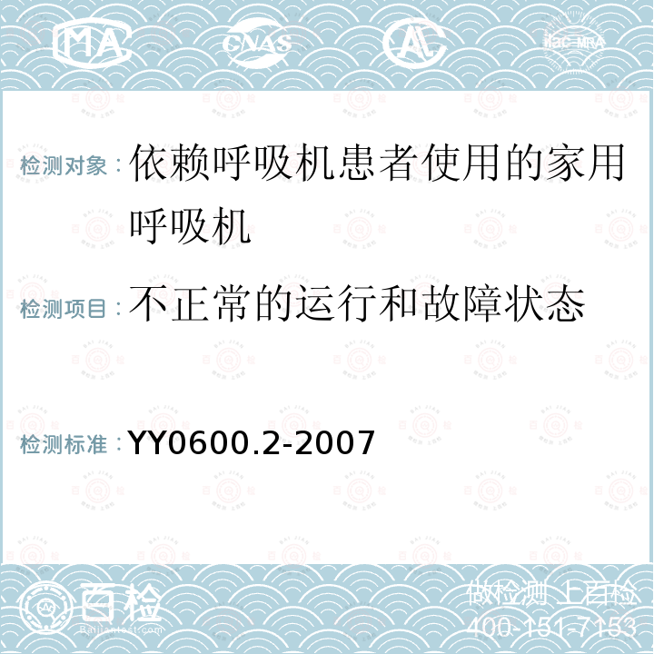 不正常的运行和故障状态 医用呼吸机　基本安全和主要性能专用要求　第2部分:依赖呼吸机患者使用的家用呼吸机