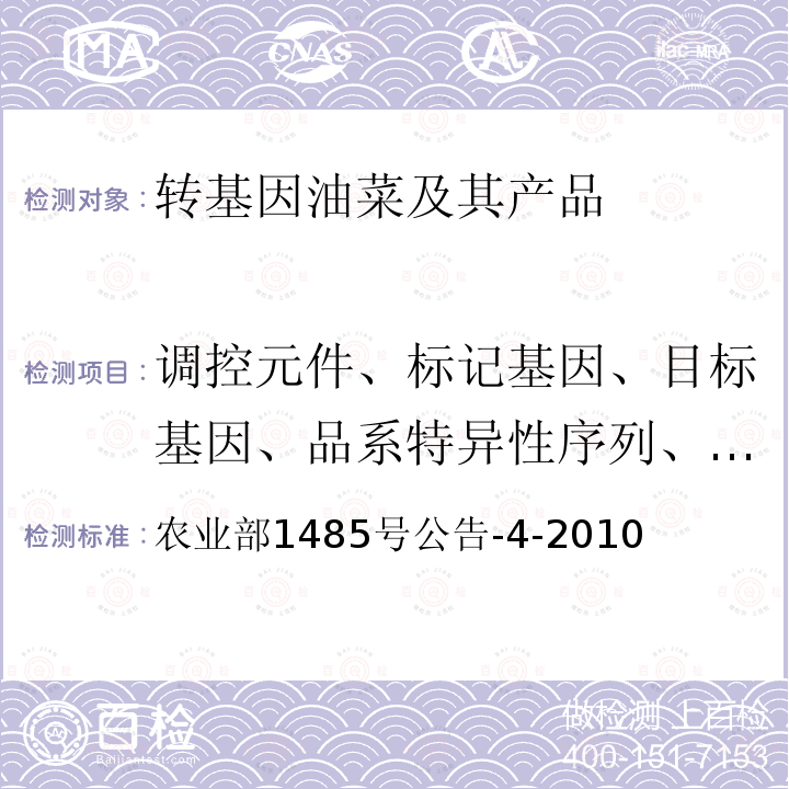 调控元件、标记基因、目标基因、品系特异性序列、构建特异性序列 农业部1485号公告-4-2010 转基因植物及其产品成分检测 DNA提取和纯化