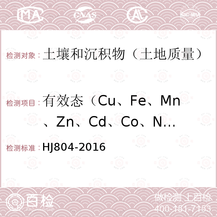 有效态（Cu、Fe、Mn、Zn、Cd、Co、Ni、Pb） 土壤8 种有效态元素的测定 二乙烯三胺五乙酸浸提-电感耦合等离子 体发射光谱法