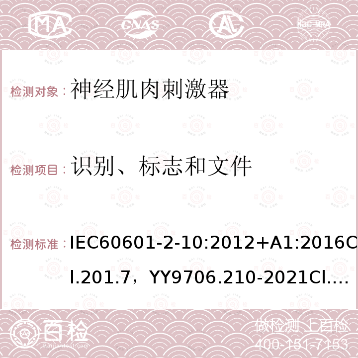 识别、标志和文件 医用电气设备 第2-10部分：神经肌肉刺激器的基本安全和基本性能专用要求