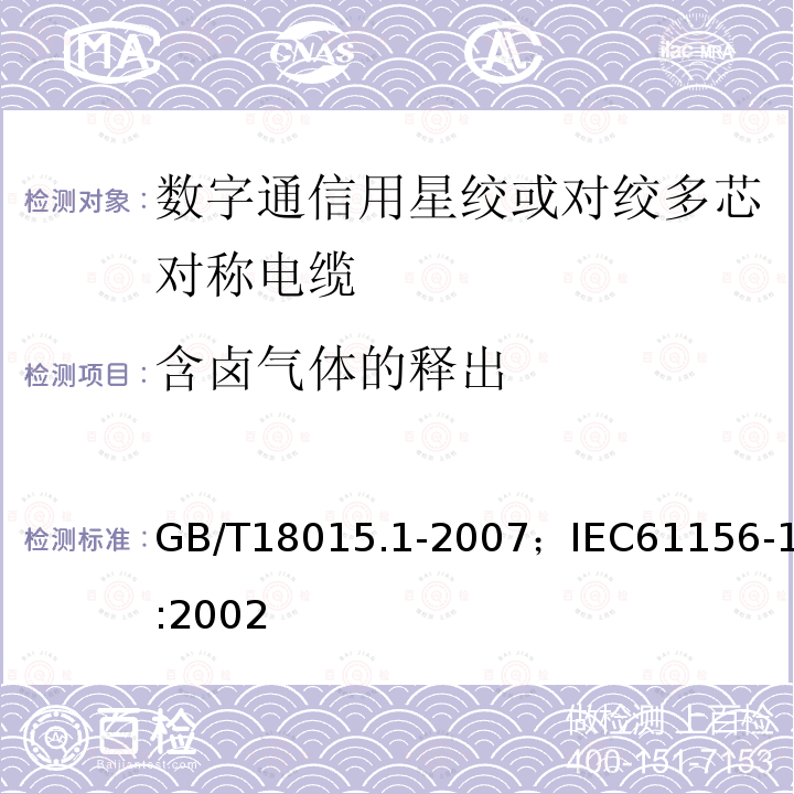 含卤气体的释出 数字通信用对绞或星绞多芯对称电缆 第1部分:总规范