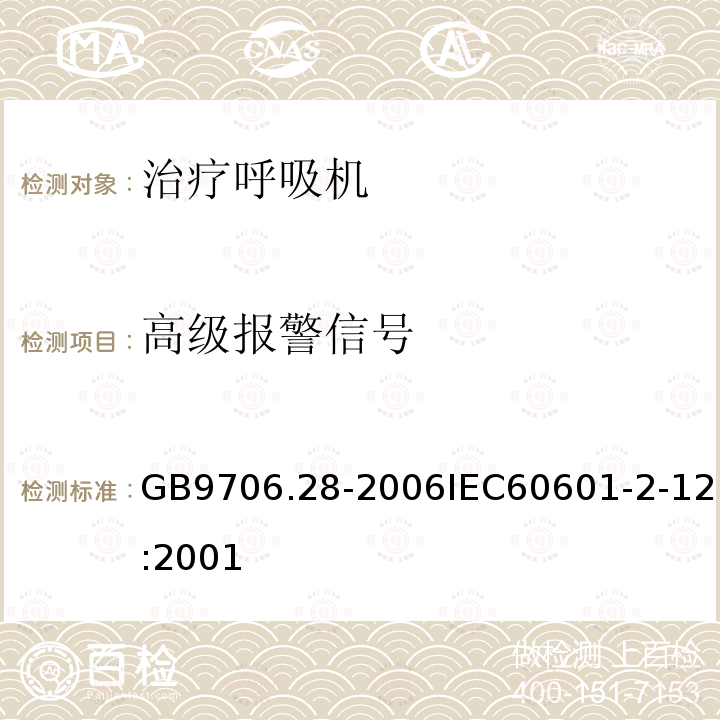 高级报警信号 医用电气设备 第2部分:呼吸机安全专用要求治疗呼吸机