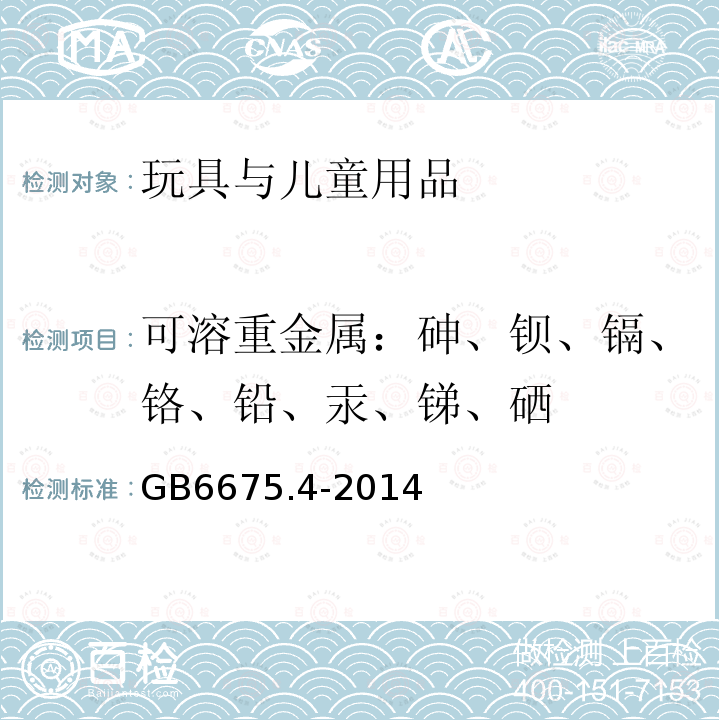 可溶重金属：砷、钡、镉、铬、铅、汞、锑、硒 国家玩具安全技术规范第4部分：特定元素的迁移