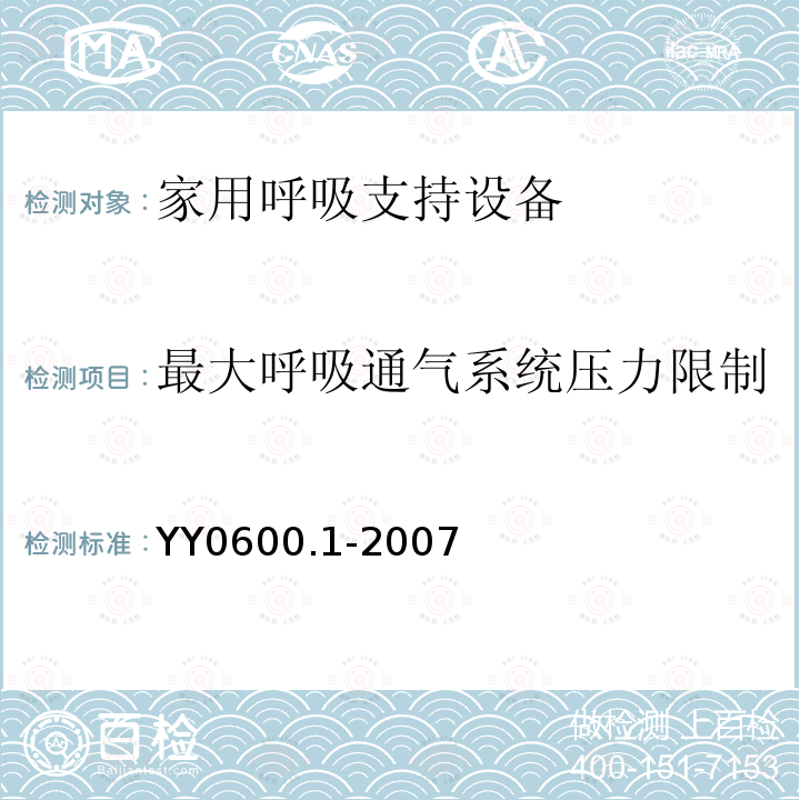 最大呼吸通气系统压力限制 医用呼吸机 基本安全和主要性能专用要求　第1部分:家用呼吸支持设备