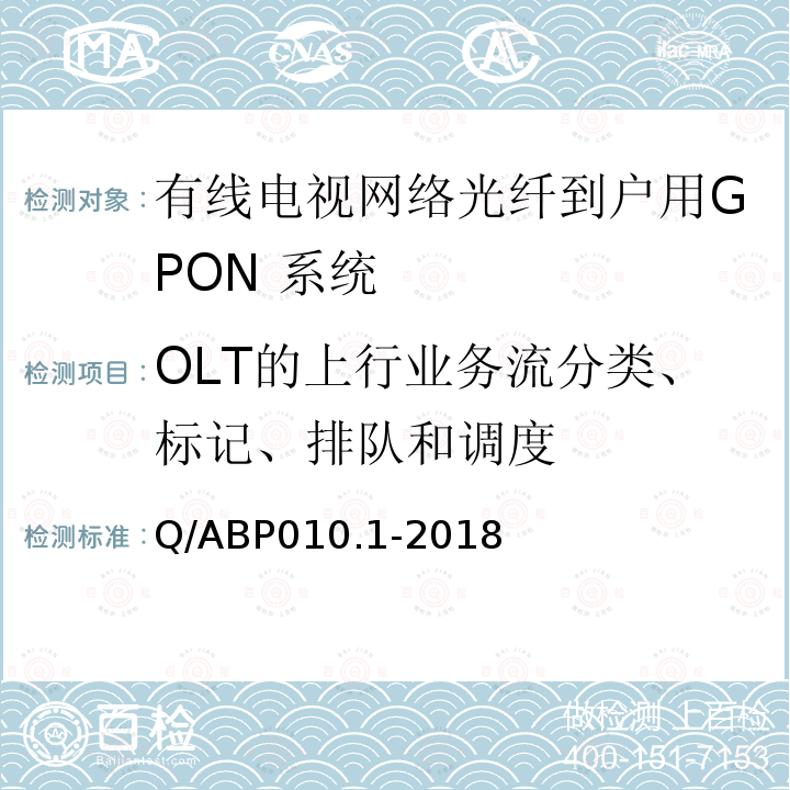 OLT的上行业务流分类、标记、排队和调度 Q/ABP010.1-2018 有线电视网络光纤到户用GPON技术要求和测量方法 第1部分：GPON OLT/ONU