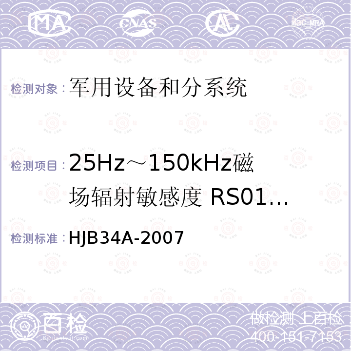 25Hz～150kHz磁场辐射敏感度 RS01/RS101 HJB 34A-2007 舰船电磁兼容性要求