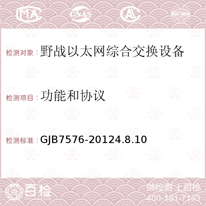 功能和协议 GJB7576-20124.8.10 野战以太网综合交换设备规范