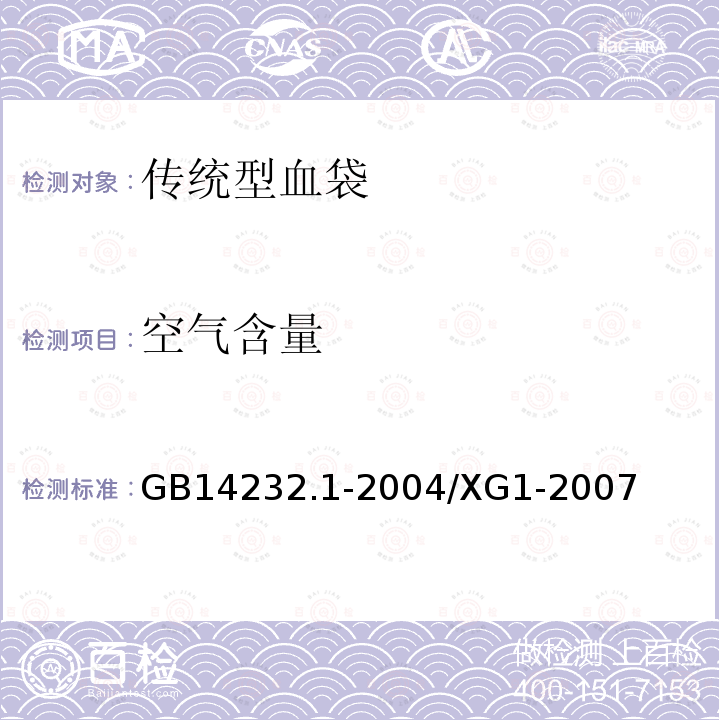 空气含量 人体血液及血液成分袋式塑料容器 第一部分：传统型血袋（国家标准第1号修改单）