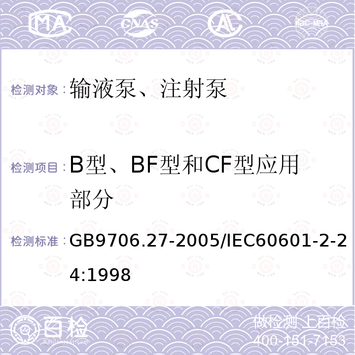 B型、BF型和CF型应用部分 医用电气设备 第2-24部分：输液泵和输液控制器安全专用要求