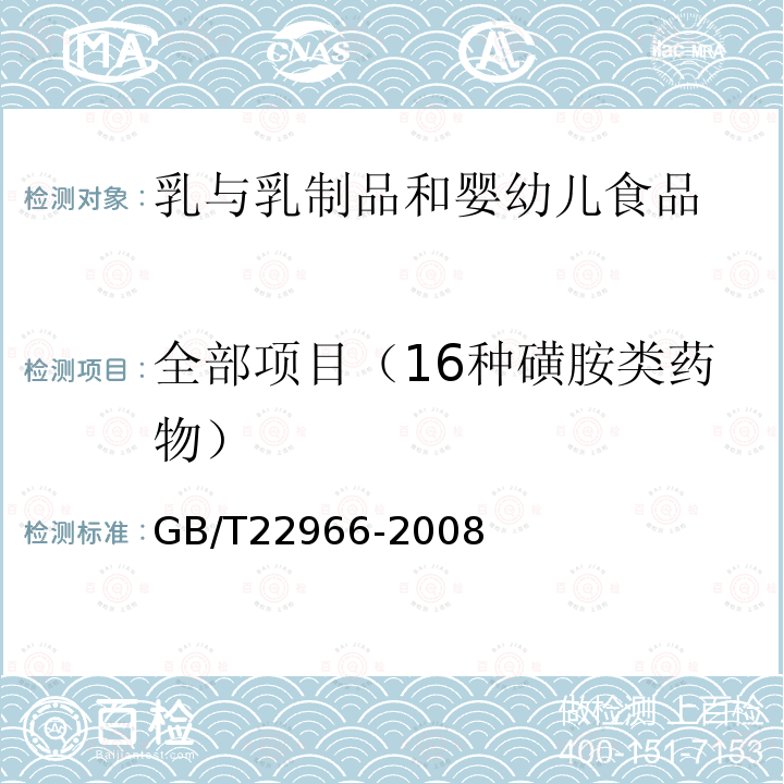 全部项目（16种磺胺类药物） 牛奶和奶粉中16种磺胺类药物残留量的测定 液相色谱-串联质谱法