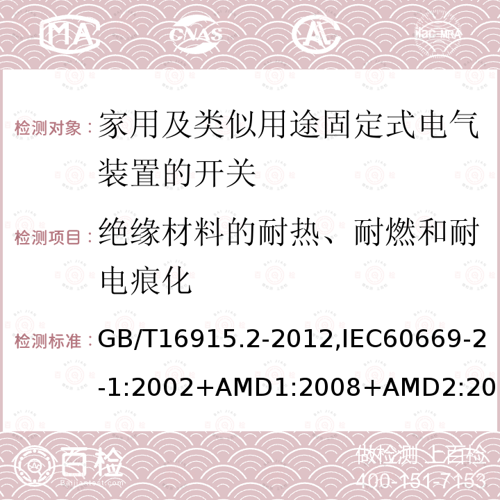 绝缘材料的耐热、耐燃和耐电痕化 家用及类似用途固定式电气装置的开关 第2-1部分：电子开关的特殊要求