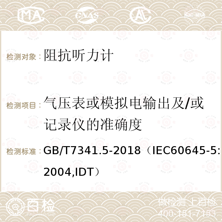 氣壓表或模擬電輸出及/或記錄儀的準確度 電聲學 測聽設備 第5部分：耳聲阻抗/導納的測量儀器