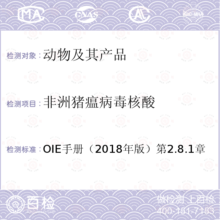 非洲猪瘟病毒核酸 OIE手册（2018年版）第2.8.1章 OIE 陆生动物诊断试验与疫苗手册