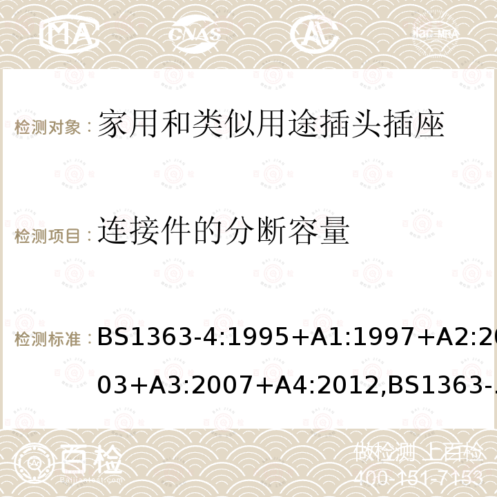 连接件的分断容量 插头、插座、转换器和连接单元 第4部分 13A 带熔断器带开关和不带开关的连接单元的规范