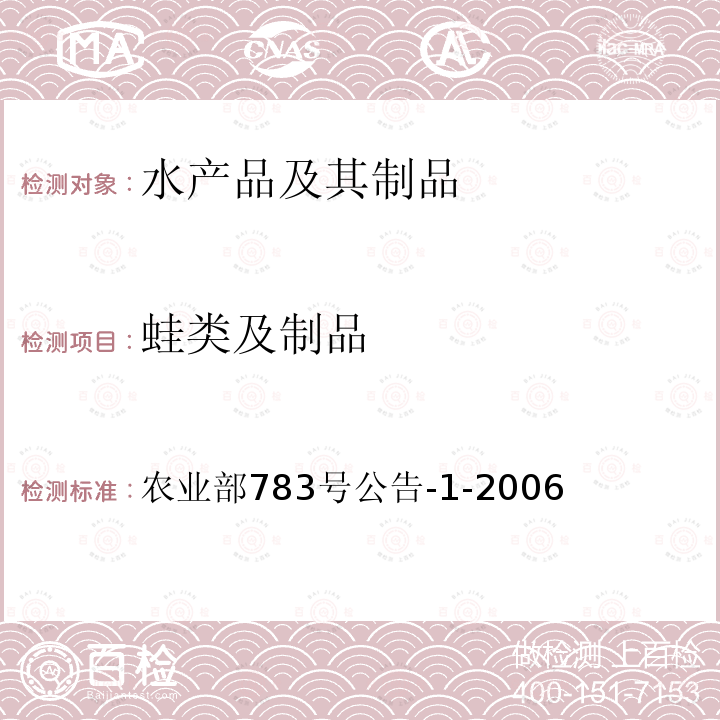 蛙类及制品 农业部783号公告-1-2006 水产品中硝基呋喃类代谢物残留量的测定 液相色谱-串联质谱法