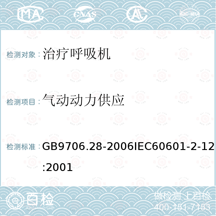 气动动力供应 医用电气设备 第2部分:呼吸机安全专用要求治疗呼吸机