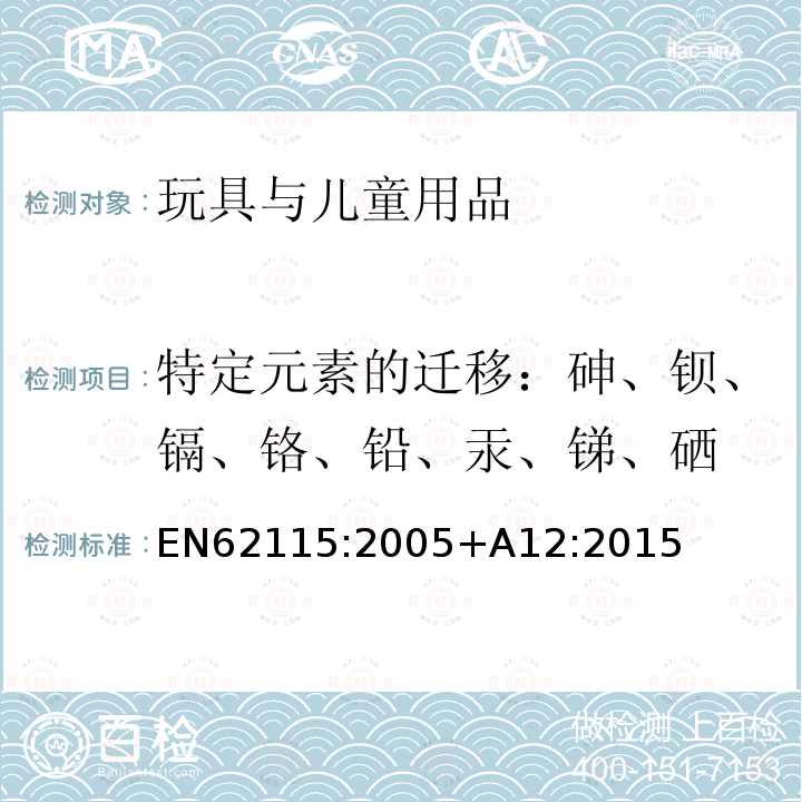 特定元素的迁移：砷、钡、镉、铬、铅、汞、锑、硒 欧洲电玩具安全