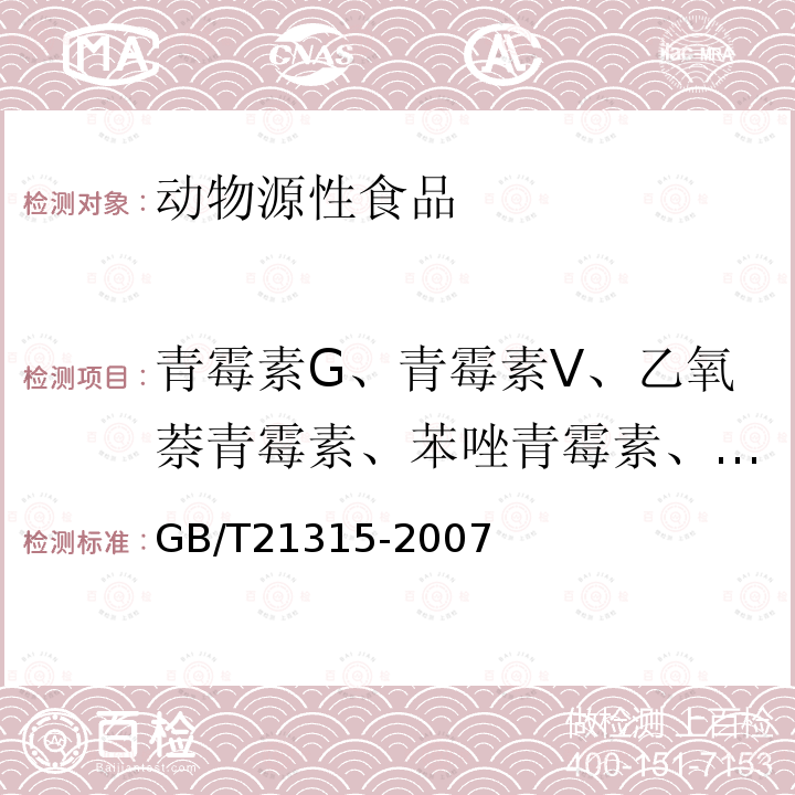 青霉素G、青霉素V、乙氧萘青霉素、苯唑青霉素、邻氯青霉素、双氯青霉 动物源性食品中青霉素族抗生素残留量检测方法 液相色谱-质谱/质谱法