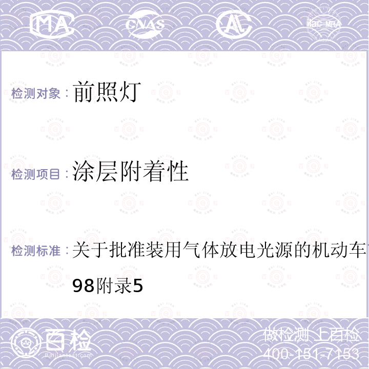 涂层附着性 关于批准装用气体放电光源的机动车前照灯的统一规定