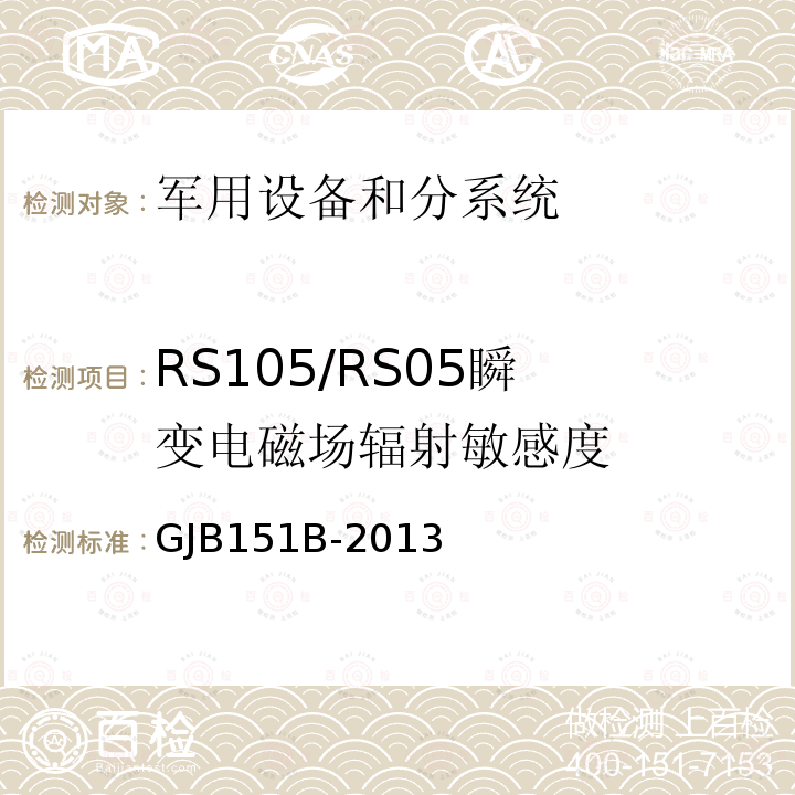 RS105/RS05
瞬变电磁场辐射敏感度 GJB151B-2013 军用设备和分系统电磁发射和敏感度要求与测量