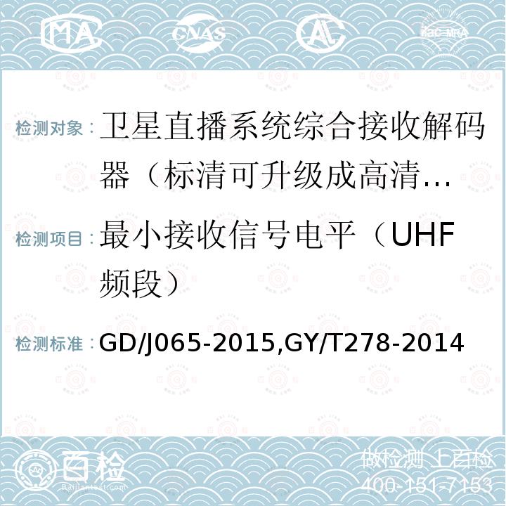 最小接收信号电平（UHF频段） 卫星直播系统综合接收解码器（标清可升级成高清卫星地面双模型）技术要求和测量方法，
卫星直播系统综合接收解码器（加密标清定位型）技术要求和测量方法