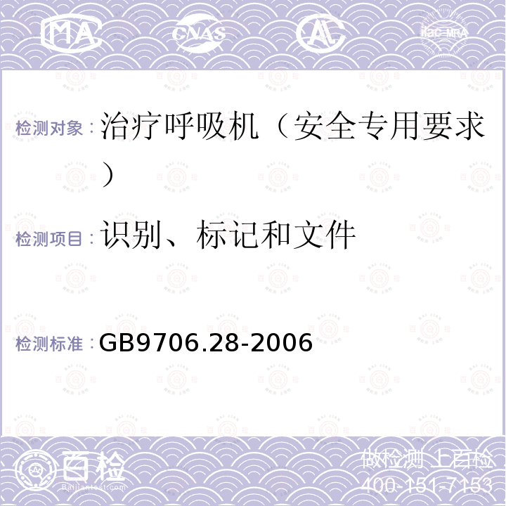 识别、标记和文件 医用电气设备 第2部分：呼吸机安全专用要求 治疗呼吸机