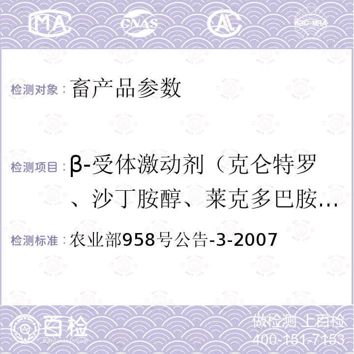 β-受体激动剂（克仑特罗、沙丁胺醇、莱克多巴胺、齐帕特罗、氯丙那林、特布他林、西马特罗、西布特罗、马布特罗、溴布特罗、克仑普罗、班布特罗、妥布特罗、非诺特罗和喷布特罗等） 动物源食品中莱克多巴胺残留量的测定 高效液相色谱法-质谱法