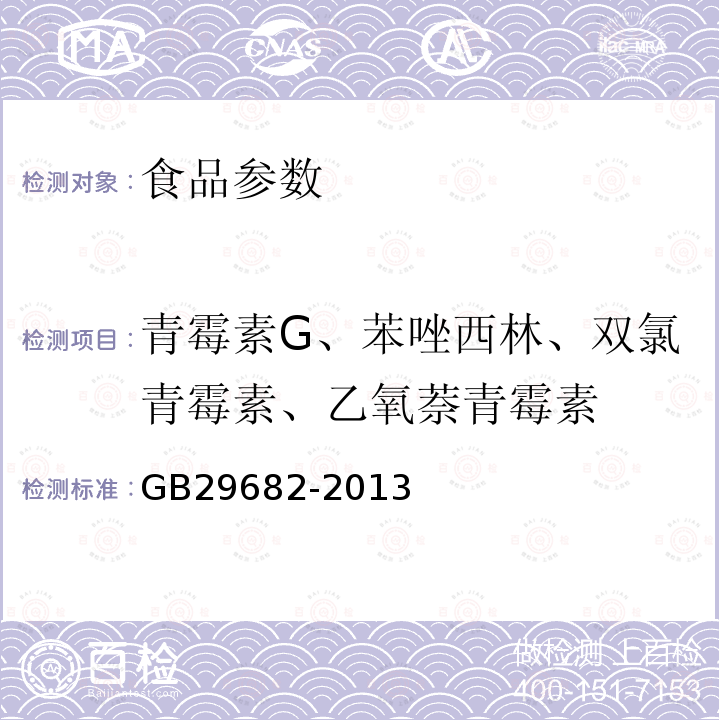 青霉素G、苯唑西林、双氯青霉素、乙氧萘青霉素 食品安全国家标准 水产品中青霉素类药物多残留的测定 高效液相色谱法