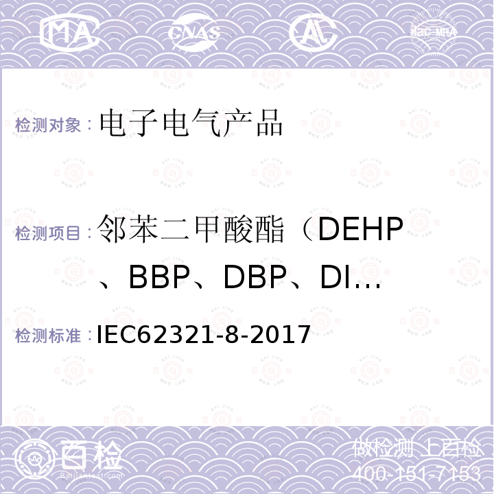 邻苯二甲酸酯（DEHP 、BBP、DBP、DIBP、DNOP、DINP、DIDP） 电子产品中某些物质的测定－第8部分︰通过气相色谱质谱联用仪(GC-MS)，配有热裂解热脱附的气相色谱质谱联用仪 (Py-TD-GC-MS)检测聚合物中的邻苯二甲酸酯