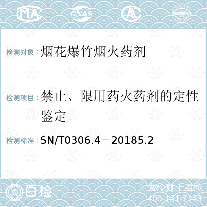 禁止、限用药火药剂的定性鉴定 出口烟花爆竹检验规程 第4部分：烟火药剂安全性检验