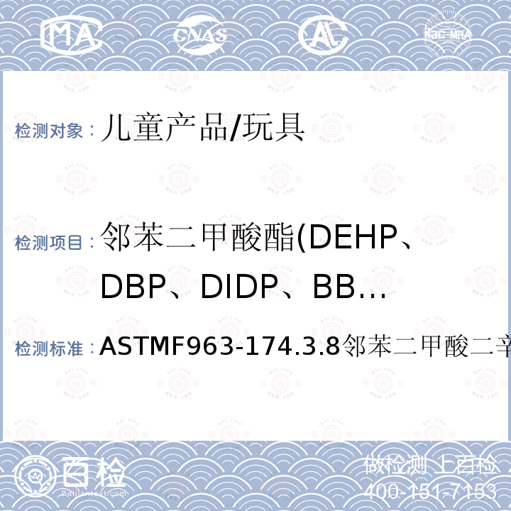 邻苯二甲酸酯(DEHP、DBP、DIDP、BBP、DINP、DNOP、DIBP、DPENP、DCHP、DHEXP) ASTM F963-2011 玩具安全标准消费者安全规范