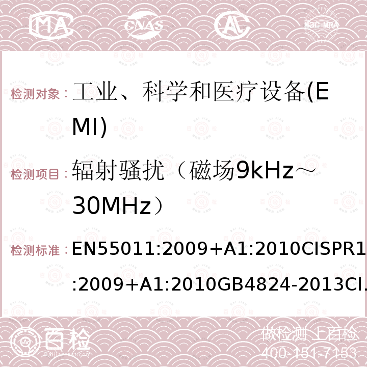 辐射骚扰（磁场9kHz～30MHz） 工业、科学和医疗（ISM）射频设备 骚扰特性 限值和测量方法