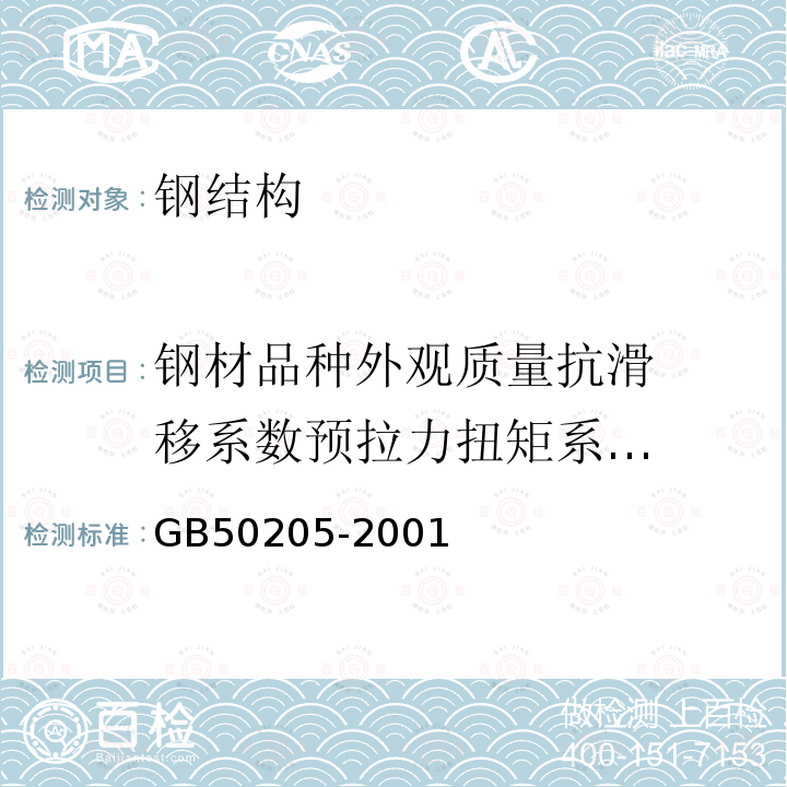 钢材品种
外观质量
抗滑移系数
预拉力
扭矩系数
终拧扭矩
梅花头检查
锚栓紧固
薄钢板连接检查
螺栓实物拉力最小载荷
防火涂料厚度
薄钢板连接检查 钢结构工程施工质量验收规范