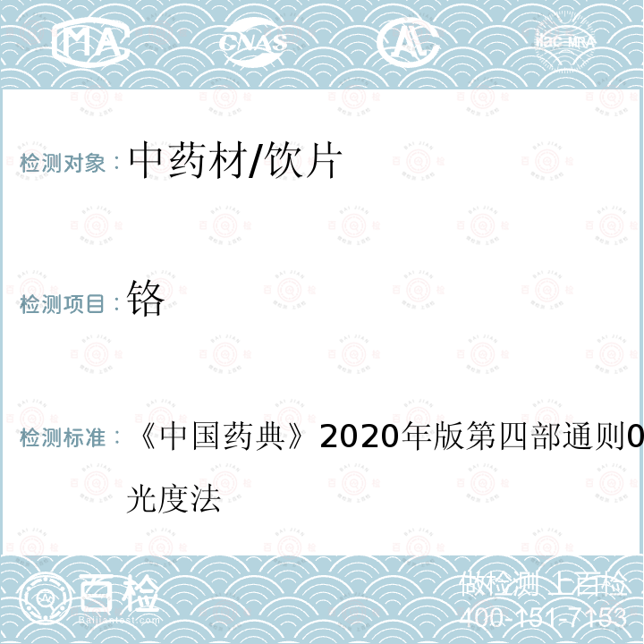 铬 中国药典 2020年版 第四部通则0406原子吸收分光光度法