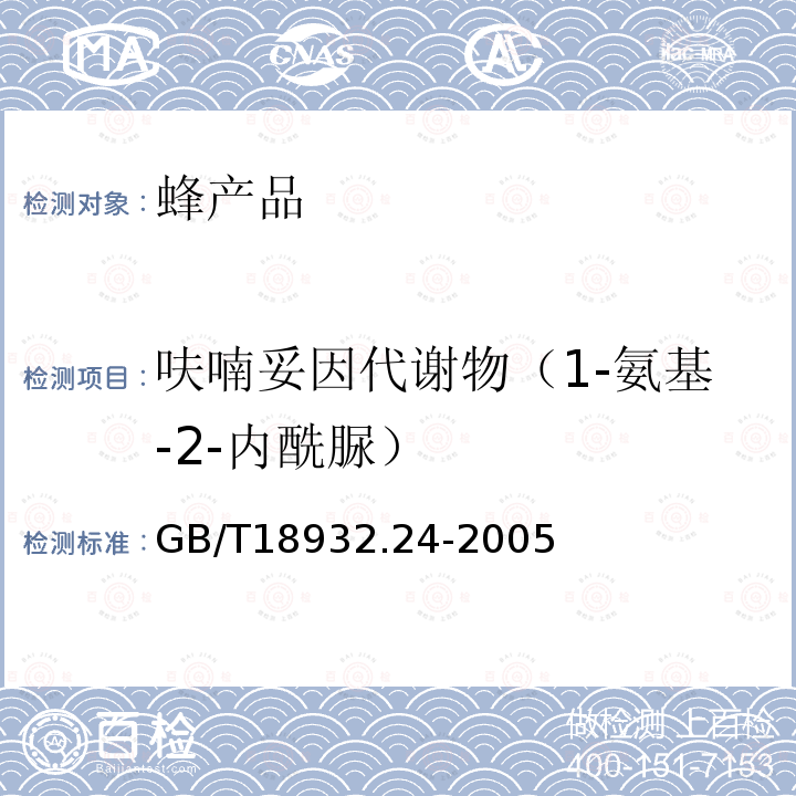 呋喃妥因代謝物（1-氨基-2-內酰脲） 蜂蜜中呋喃它酮、呋喃西林、呋喃妥因和呋喃唑酮代謝物殘留量的測定方法 液相色譜-串聯質譜法