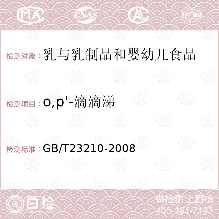 o,p'-滴滴涕 牛奶和奶粉中511种农药及相关化学品残留量的测定 气相色谱-质谱法