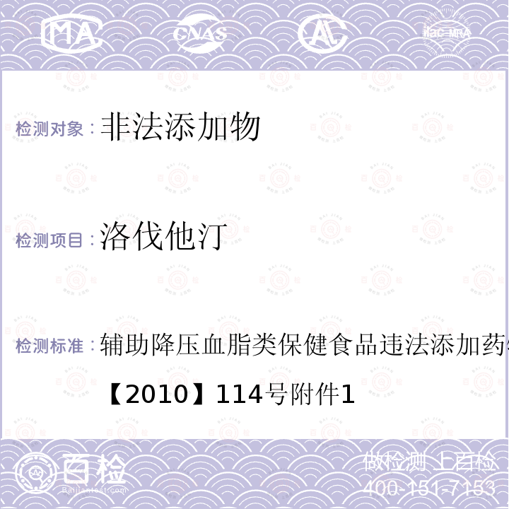 洛伐他汀 辅助降压血脂类保健食品违法添加药物的检测方法 食药监办许【2010】114号 附件1