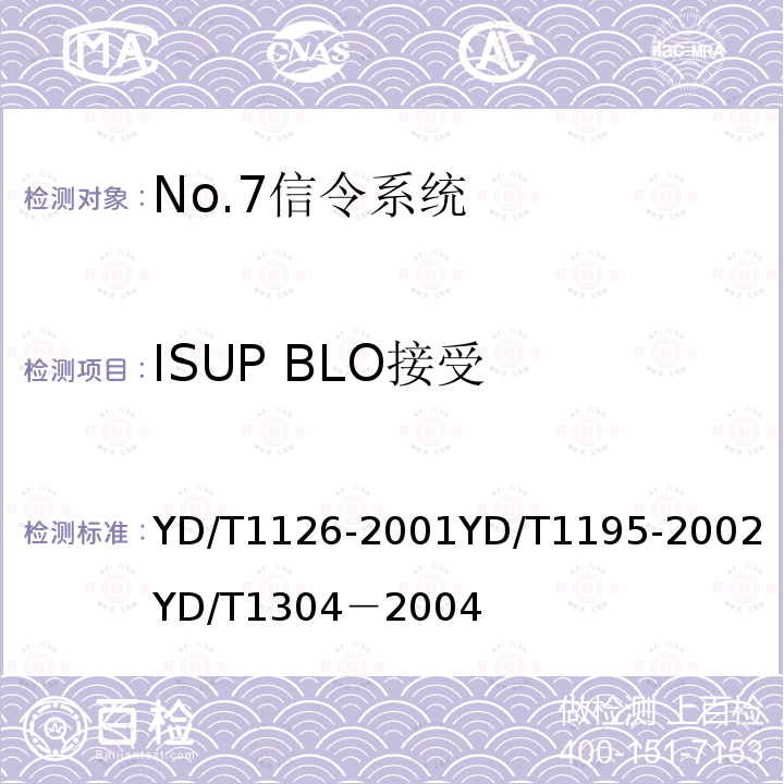 ISUP BLO接受 No.7信令系统测试规范——信令连接控制部分（SCCP） 
 No.7信令系统测试规范——2Mbit/s高速信令链路 
 国内No.7信令方式测试方法--消息传递部分（MTP）和电话用户部分（TUP）