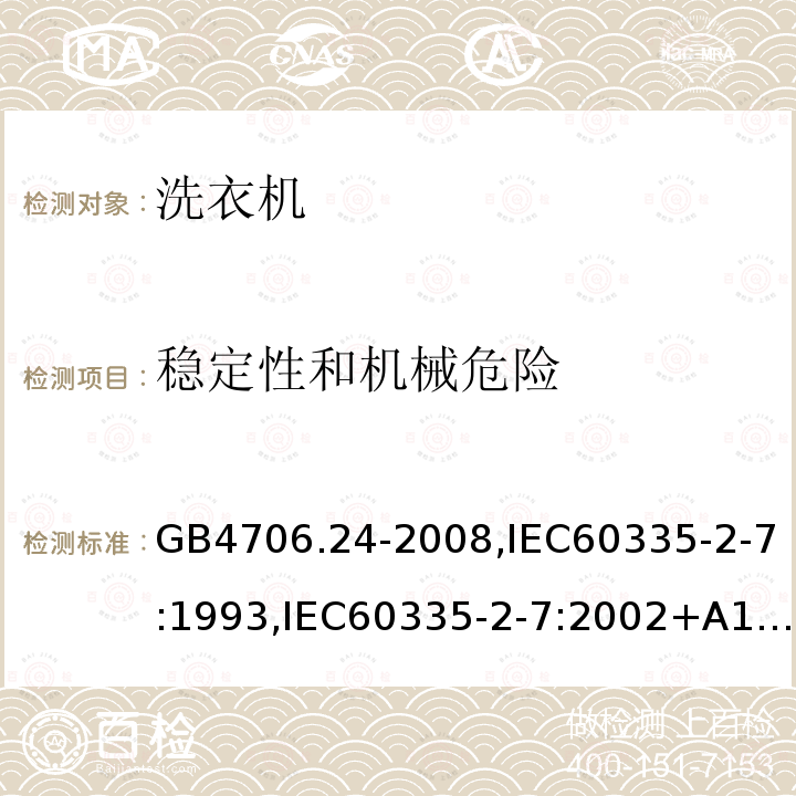 稳定性和机械危险 家用和类似用途电器的安全 洗衣机的特殊要求