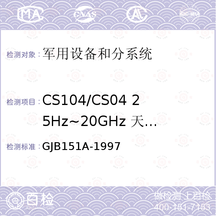 CS104/CS04 25Hz~20GHz 天线端子无用信号抑制传导敏感度 军用设备和分系统电磁发射和敏感度要求