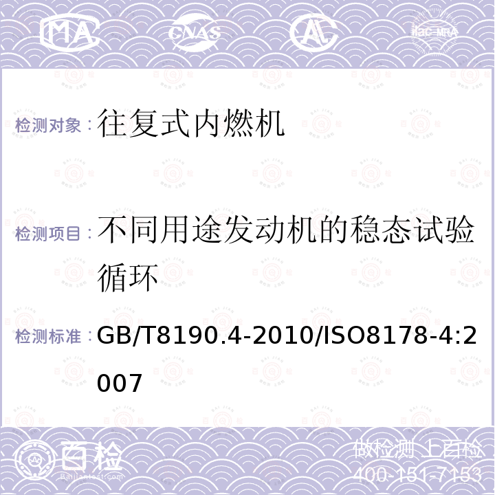 不同用途发动机的稳态试验循环 往复式内燃机 排放测量 第4部分:不同用途发动机的稳态试验循环